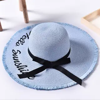 Beach beach big hat embroidered letters raw edge sun hat - Sky Blue