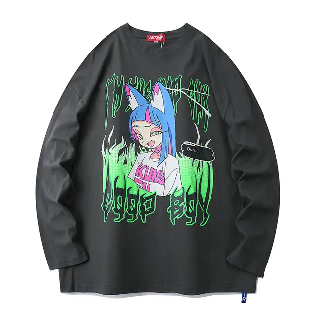 Couple long sleeve T shirt two dimensional dark cartoon sweater Dark Grey - Shop at LoveMi