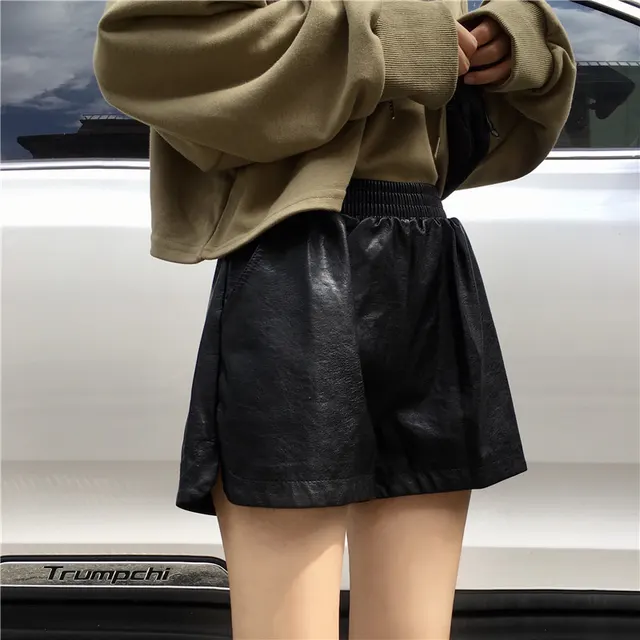 High Waist Small A line Trendy Wide Leg Pants PU Leather Shorts Black - Shop at LoveMi