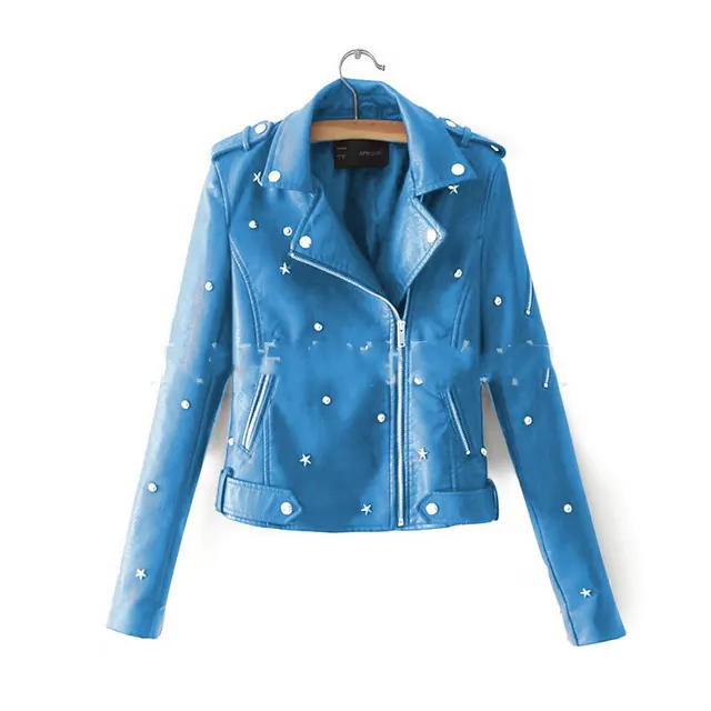 Women's leather jacket with rivet locomotive Blue - Shop at LoveMi
