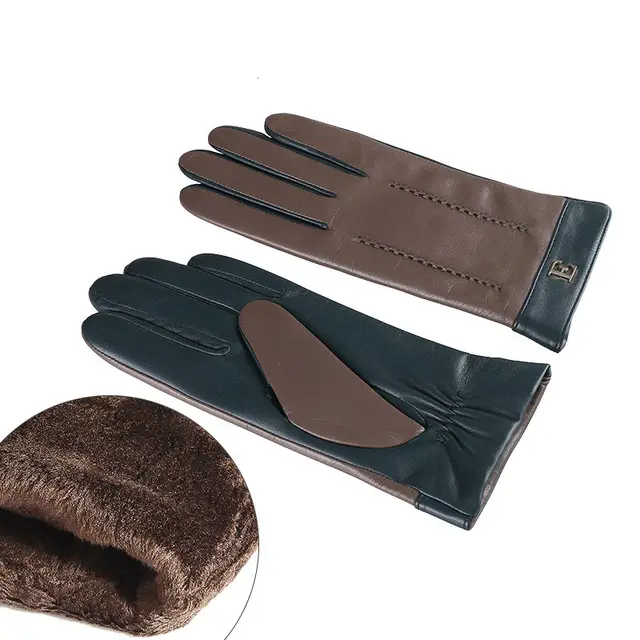Touch screen plus velvet thick leather gloves Light Brown Green - Shop at LoveMi