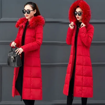 Hooded long down padded jacket with faux fox fur collar Red - Shop at LoveMi