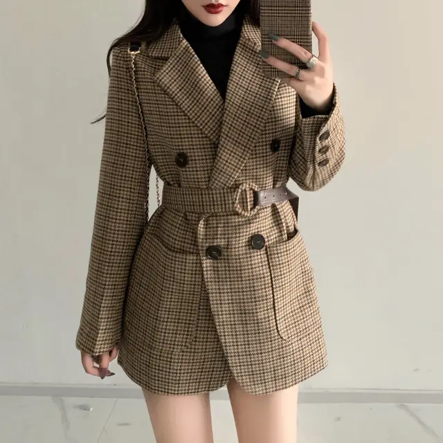 Plaid small suit lace up woolen jacket Apricot - Shop at LoveMi