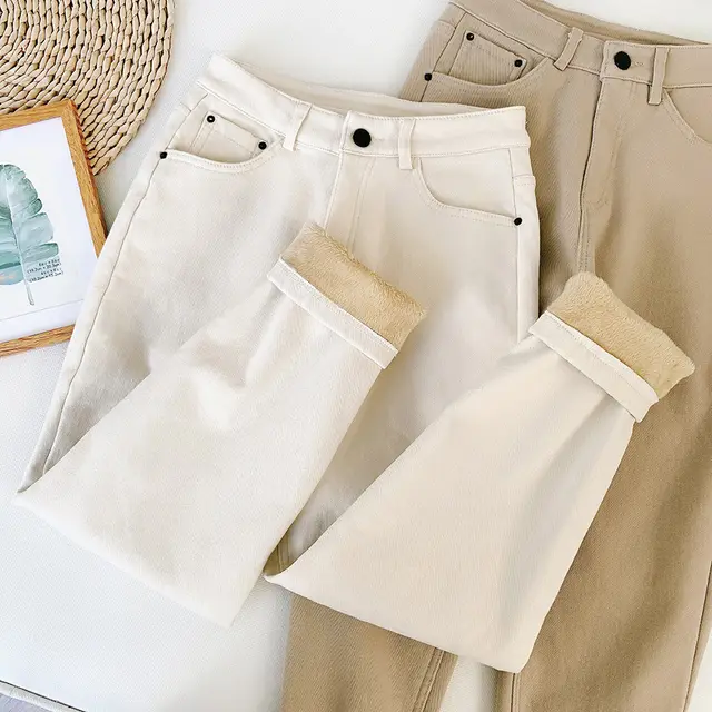Straight leg denim cotton pants Beige - Shop at LoveMi