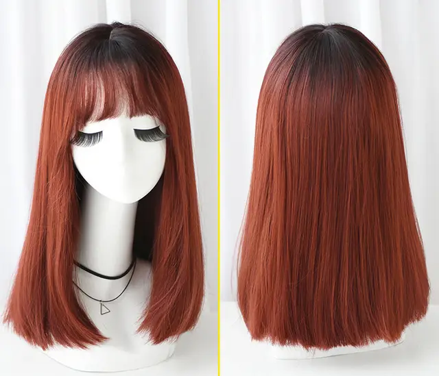 Fashion realistic hair long straight hair wig jiafa chemical fiber wig Brown Red - Shop at LoveMi