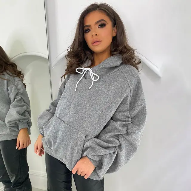 Pile sleeve hooded pullover loose solid color sweater Grey - Shop at LoveMi