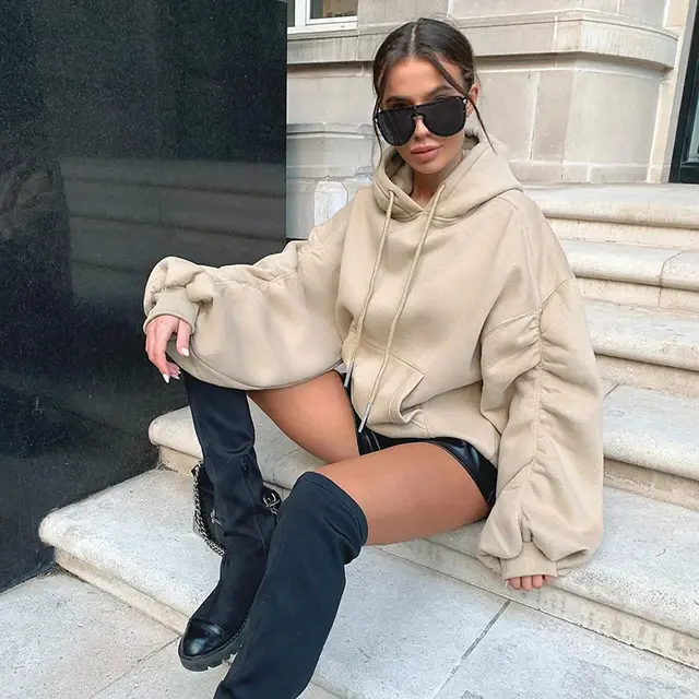 Pile sleeve hooded pullover loose solid color sweater Khaki - Shop at LoveMi