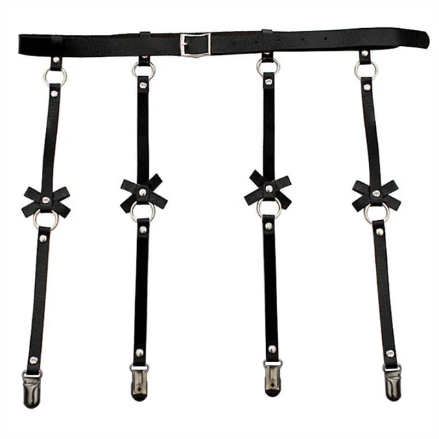Cross border personality exaggeration European and American PU leather bow Garter Belt Hip Hop nightclub sexy leg ring hanger clip Black Duckbill... Black Duckbill Button - Shop at LoveMi