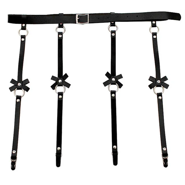 Cross border personality exaggeration European and American PU leather bow Garter Belt Hip Hop nightclub sexy leg ring hanger clip Black Gourd Clasp - Shop at LoveMi