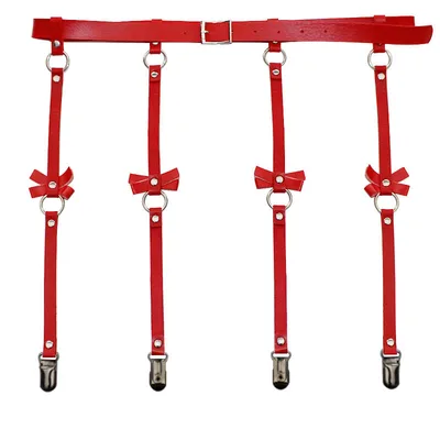 Cross border personality exaggeration European and American PU leather bow Garter Belt Hip Hop nightclub sexy leg ring hanger clip Red - Shop at LoveMi