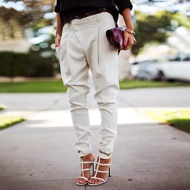 Solid color pocket high waist harem pants White - Shop at LoveMi
