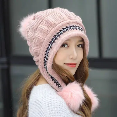 Cozy Knit Fleece Feel Beanie With Ear Flaps & Pompom Warm Winter Hat For Women Perfect For Skiing & Outdoor Activities Pink - Shop at LoveMi