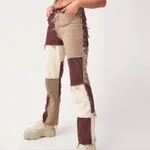 Stitching contrast distressed high-waist pencil pants - Brown
