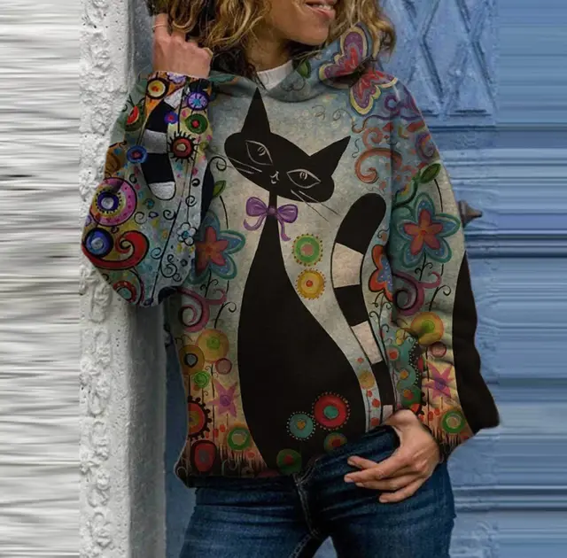 Ladies Printed Cat Sweatshirt Grey - Shop at LoveMi