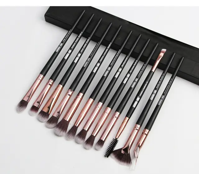 12 makeup brushes set Black Rod Rose Gold Tube - Shop at LoveMi