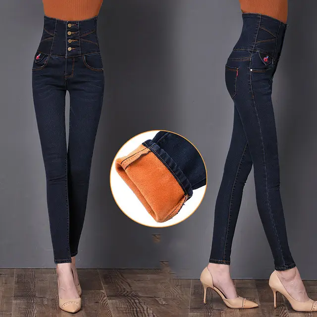 Winter new style velvet thick high waist jeans Velvet Blue Black - Shop at LoveMi