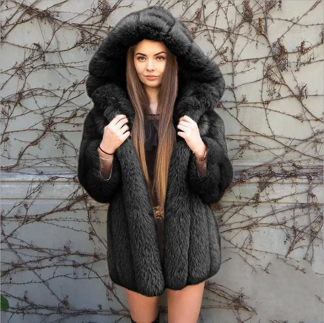 Faux fur hooded coat for women Black - Shop at LoveMi