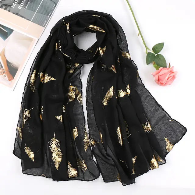 Feather bronzing cotton scarf Black - Shop at LoveMi