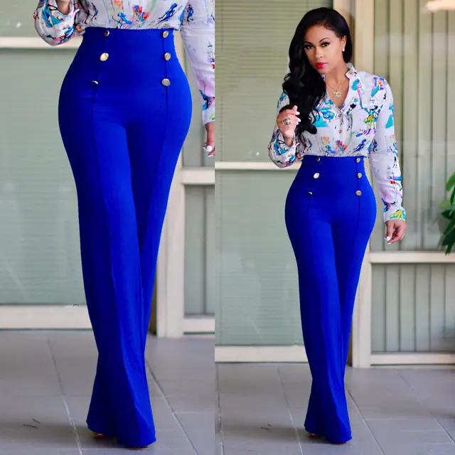 Stylish Slim Personality Double Breasted Flared Trousers Blue - Shop at LoveMi