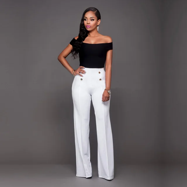 Stylish Slim Personality Double Breasted Flared Trousers White - Shop at LoveMi