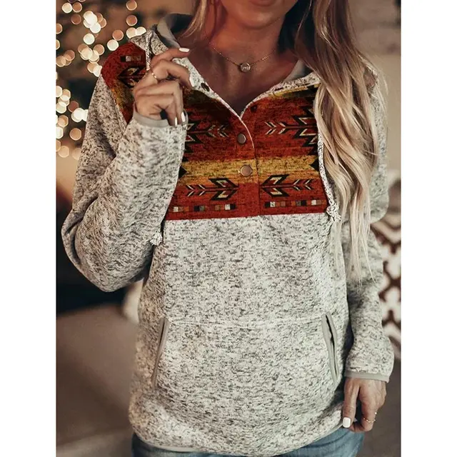 Grey Printed Long Sleeve Pullover Hooded Ladies Sweatshirt 4Style - Shop at LoveMi