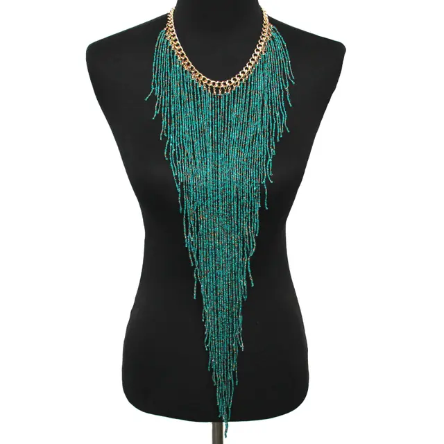 Ethnic Style Long Rice Bead Tassel Necklace Bohemia Exaggerated Performance Necklace Earring Set Green - Shop at LoveMi