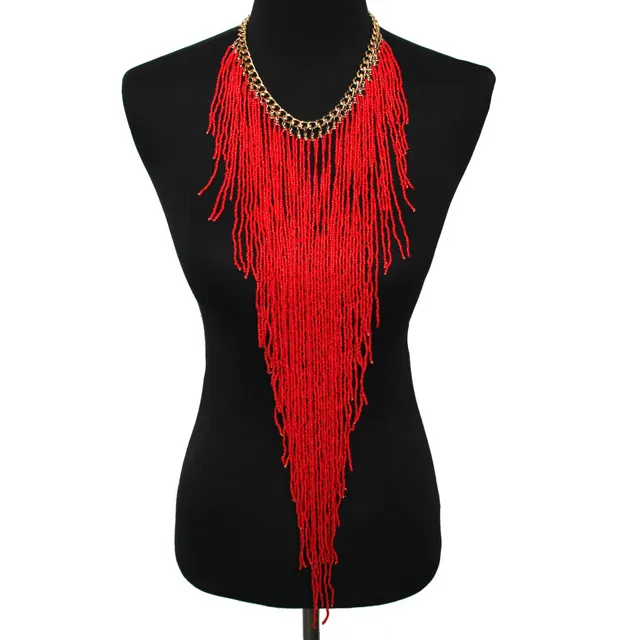 Ethnic Style Long Rice Bead Tassel Necklace Bohemia Exaggerated Performance Necklace Earring Set Red - Shop at LoveMi