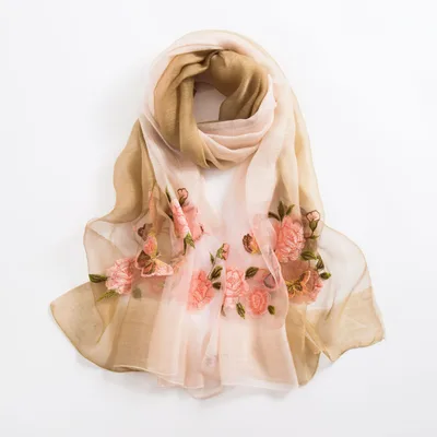 Silk scarf with wild embroidery in spring Coffee Pink - Shop at LoveMi