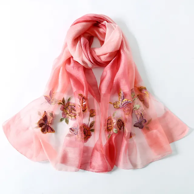 Silk scarf with wild embroidery in spring Watermelon Red Pink - Shop at LoveMi