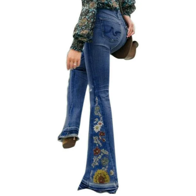 Denim flared trousers with embroidered embroidery Dark Blue - Shop at LoveMi