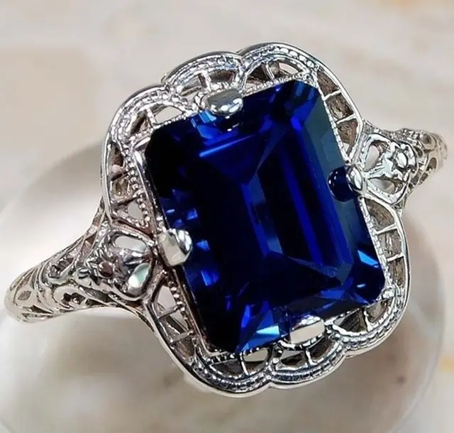 Hot new plated plated 925 silver diamond sapphire ring European and American engagement ring Bule - Shop at LoveMi