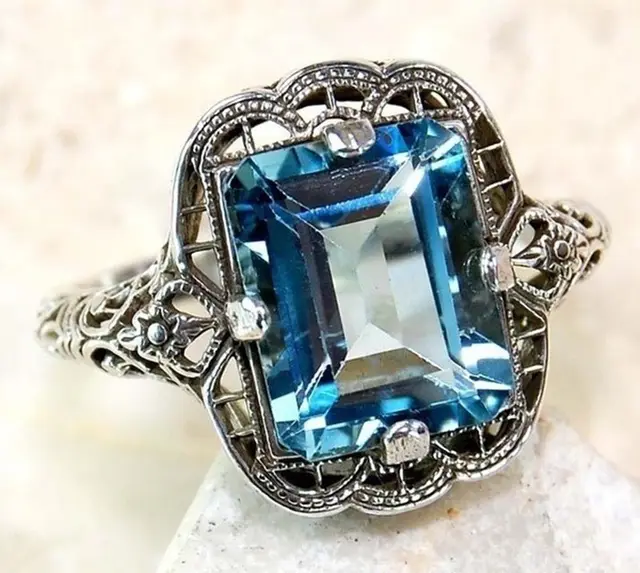 Hot new plated plated 925 silver diamond sapphire ring European and American engagement ring Sea Blue - Shop at LoveMi
