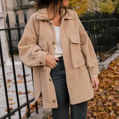 Solid color woolen coat with double pockets Khaki - Shop at LoveMi