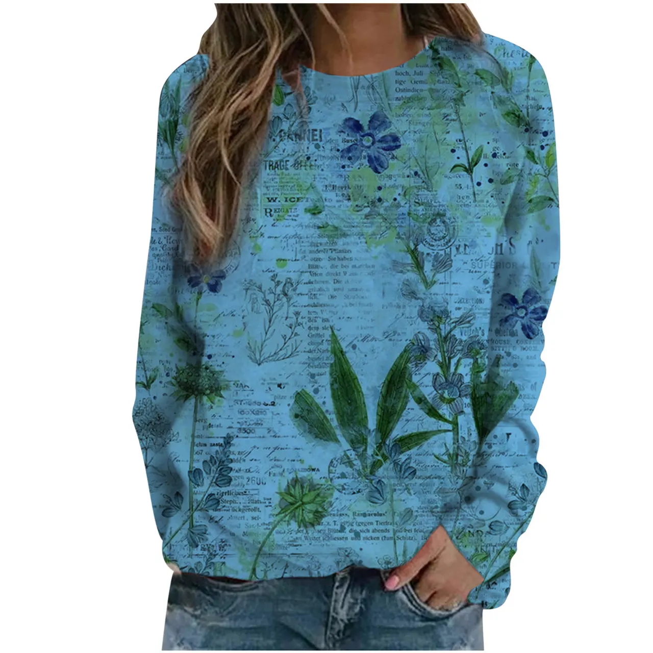 European and American autumn print long sleeve T-shirt - Blue
