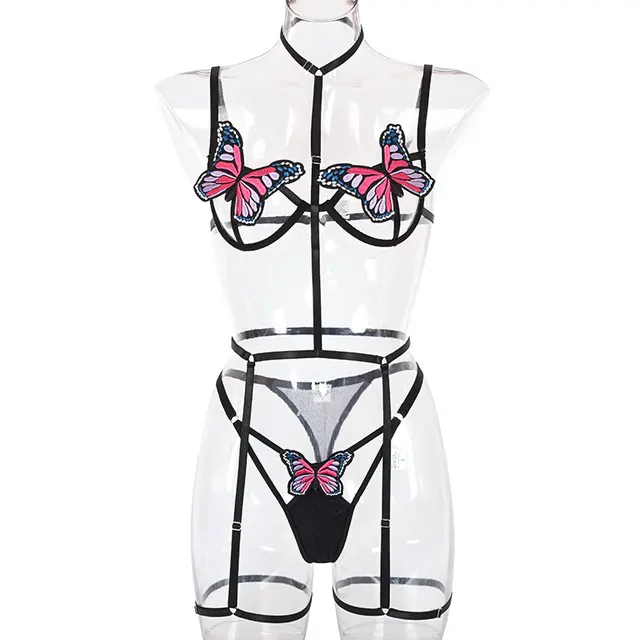 Lace stitching hanging neck Three piece set Black - Shop at LoveMi