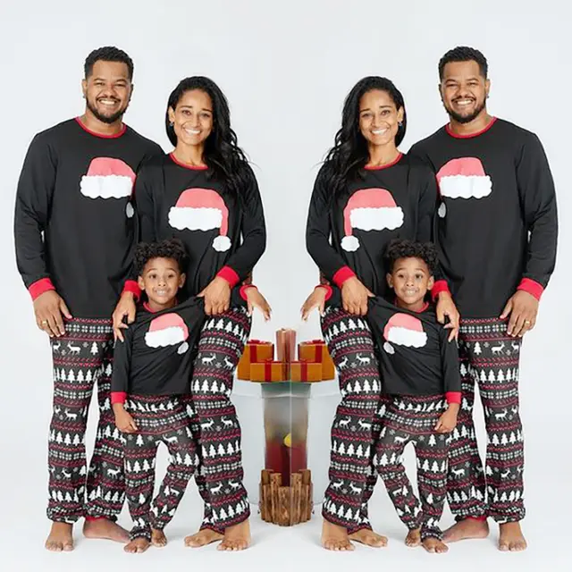Christmas Printed Long Sleeve Casual Home Parent child Set Black - Shop at LoveMi