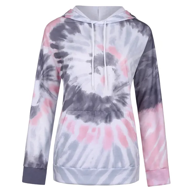 Tie Dye Printed Sweater Loose Hooded Long Sleeve Top Pink - Shop at LoveMi