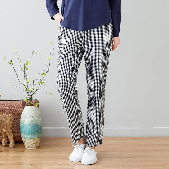 Literary cotton and linen feet pants Small Black Grid - Shop at LoveMi
