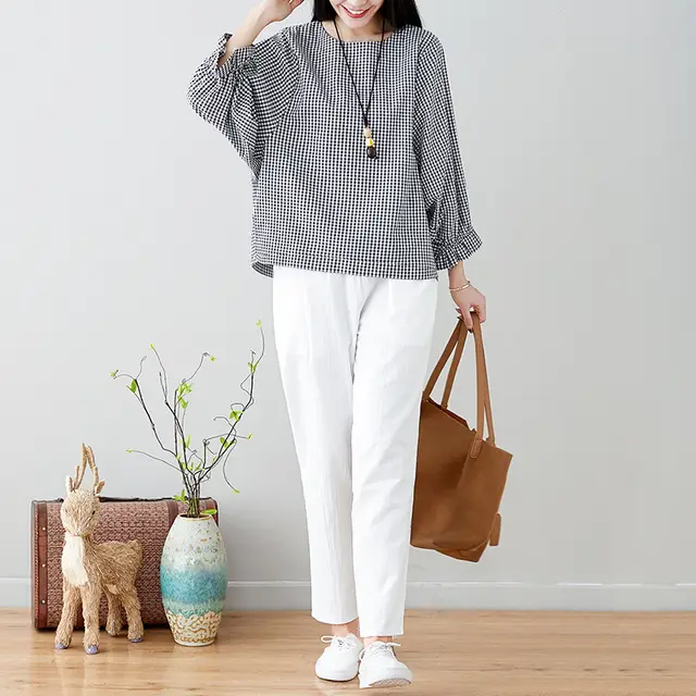 Literary cotton and linen feet pants White - Shop at LoveMi