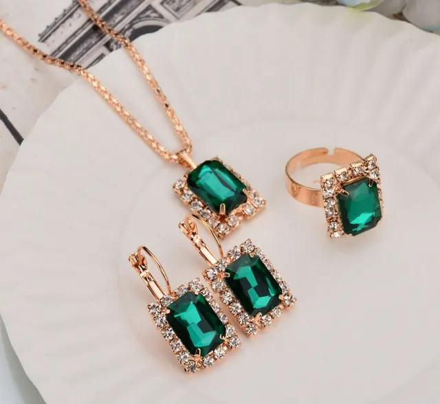 The bride suit crystal necklace earrings ring three suit jewelry accessories and foreign wedding dinner Green - Shop at LoveMi
