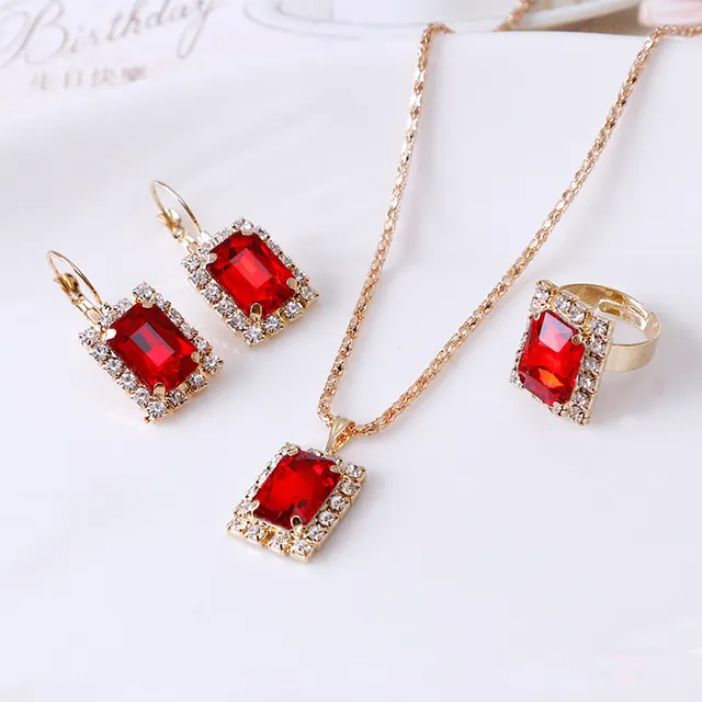 The bride suit crystal necklace earrings ring three suit jewelry accessories and foreign wedding dinner Red - Shop at LoveMi