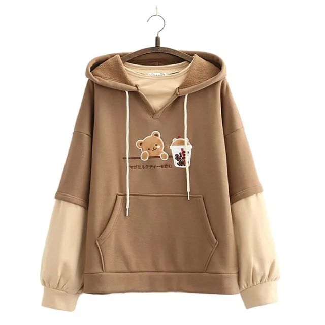 College Style Embroidery Milk Tea Bear Cashmere Sweater Deep Khaki - Shop at LoveMi