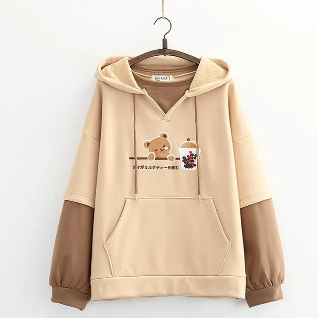 College Style Embroidery Milk Tea Bear Cashmere Sweater Light Khaki - Shop at LoveMi