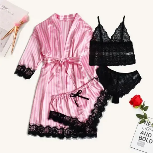 4 piece Lace Bra And Panties Striped Pink Black - Shop at LoveMi