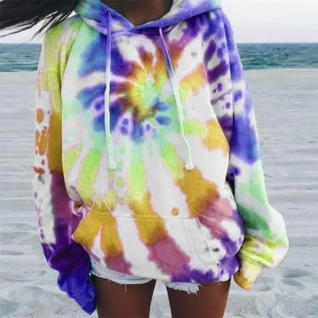 Printed tie dye long sleeved hooded sweatshirt Yellow - Shop at LoveMi