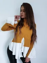 Stitching high neck long sleeve T-shirt irregular top - Yellow