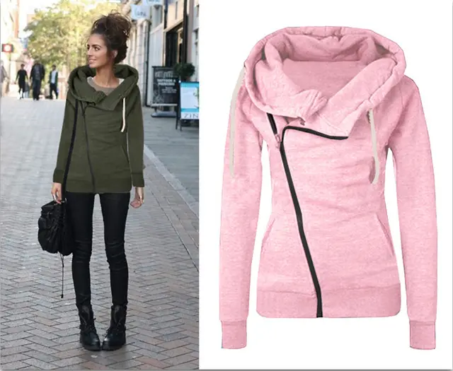 Oblique zipper solid color hooded ladies sweater Pink - Shop at LoveMi