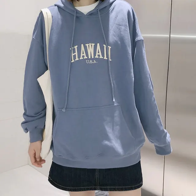 Misty blue embroidered letter Fleece Hoodie Blue - Shop at LoveMi