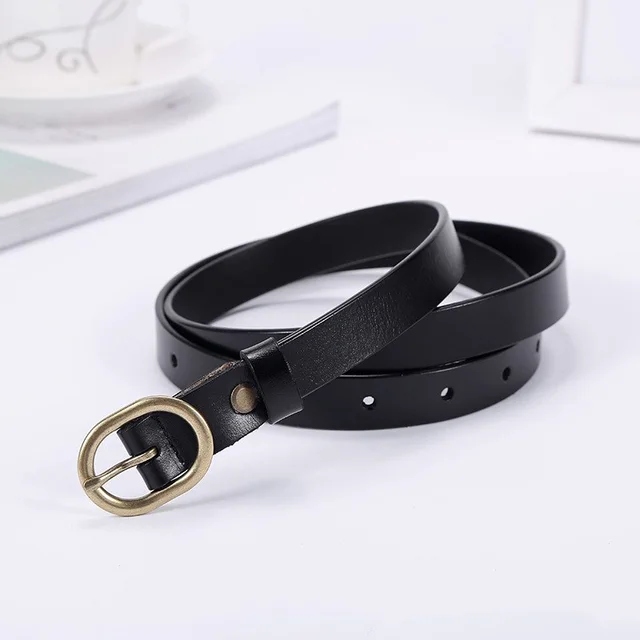 Ladies thin belt retro cowhide with dress jeans Black - Shop at LoveMi