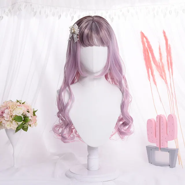 Korean version of the Qi Liu Hai curly cute hood birthday party wigs realistic wig Pink - Shop at LoveMi